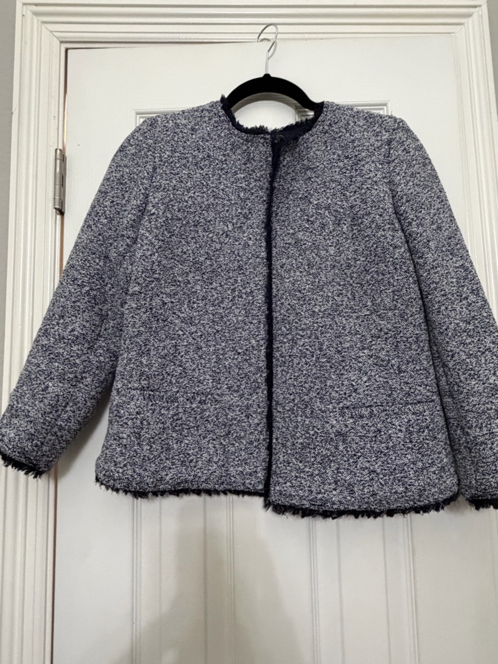 Ann Taylor Navy and White Bouclé Collarless Jacket